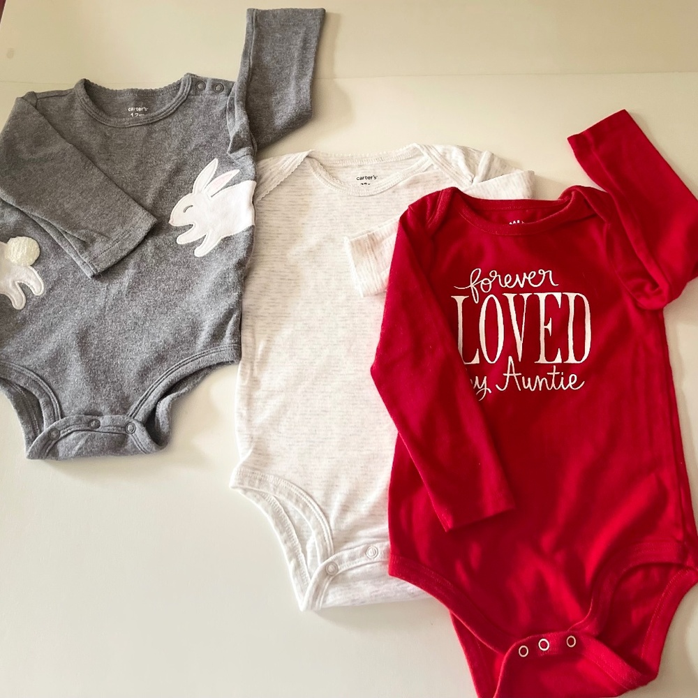 Carter’s, Cat & Jack baby girl lot of three onesies size 12 months